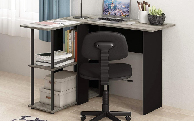 Furinno Abbott L-Shape Computer Desk with Bookshelf 