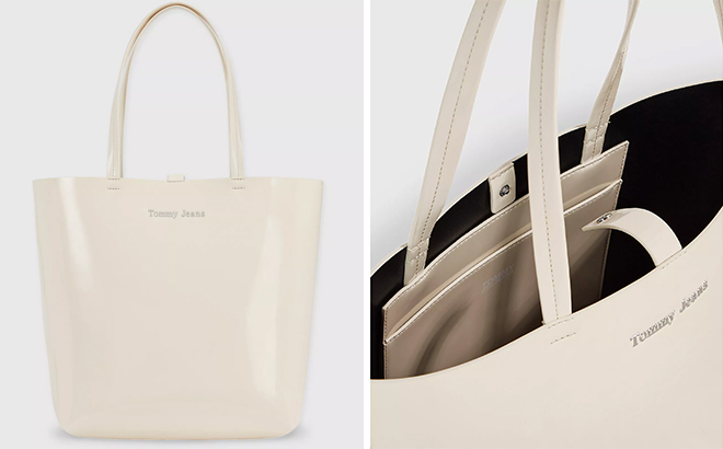 two angles of the tj gloss tote on a neutral background