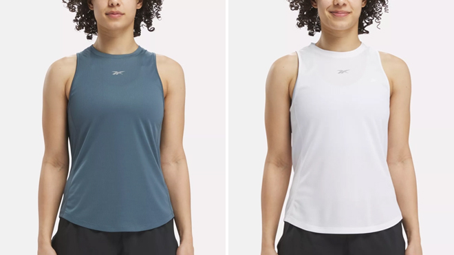 A Woman Wearing Reebok Running Speedwick Tank Top in Blue on the Left and White on the Right