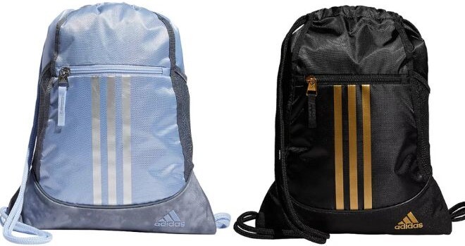 Adidas Alliance Drawstring Sackpack in Blue Dawn Color on the Left and in Black Gold Color on the Right Side