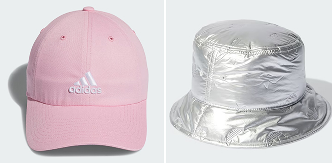 Adidas Kids Unisex Saturday Hat in Light Pink and Adidas Womens Puffy Satin Bucket Hat in Metalic