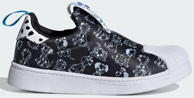 Adidas x Disney Dalmatians Superstar 360 Kids Shoes on a Gray Background