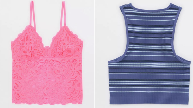 Aerie Garden Lace Cami Bralette on the left and Aerie Seamless Ruched Bra Top on the right