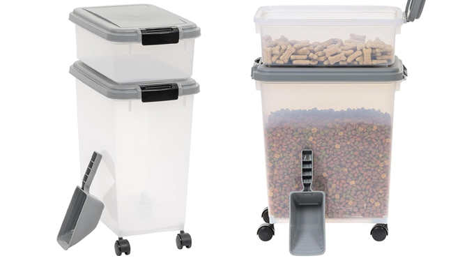 Amazon Basics 3 Piece Airtight Dog Food Storage Container on the Left and Same Item with Dog Food on the Right