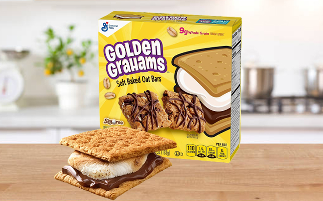 Box of Golden Grahams 6 Count S'mores Soft Baked Oat Bars on a Table