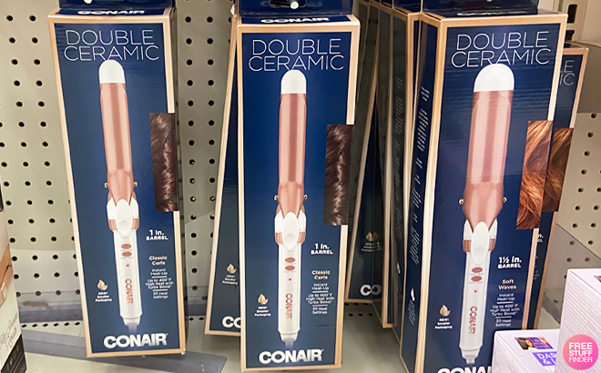 Boxes of Conair Double Ceramic Curling Iron on a Shelf