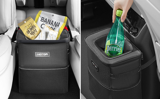 Car Trash Can with Lid and Pockets Black