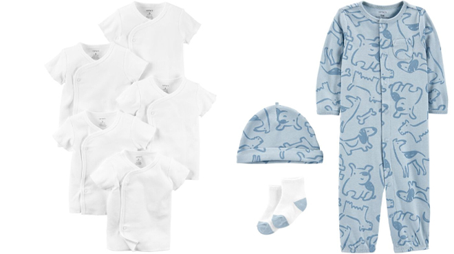 Carters Baby Girl Side Snap Tees 5 Pack and Baby Boy 3 Piece Converter Gown Set