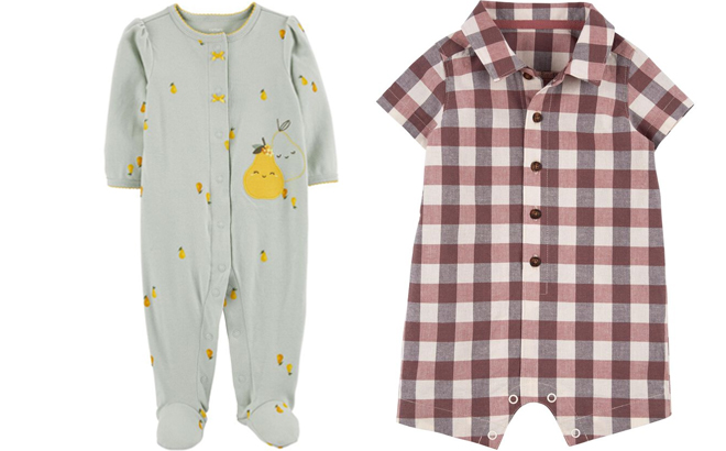 Carters Baby Pear Snap Up Cotton Sleep Play Pajamas and Brown 1 Piece Plaid Romper