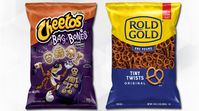 Cheetos Bag of Bones 7 5 oz Flavored Snacks on the left and Rold Gold 16 oz Tiny Pretzel Twists 16oz Bag on the right