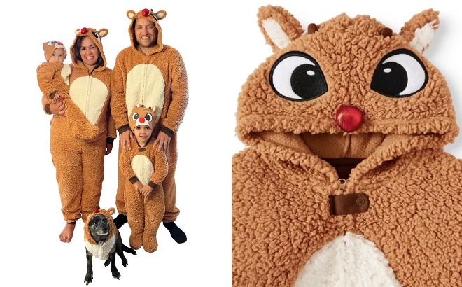 Family are Wearing a RudolphBoys and Girls Unisex Matching Family Christmas Union Suit Pajama Set