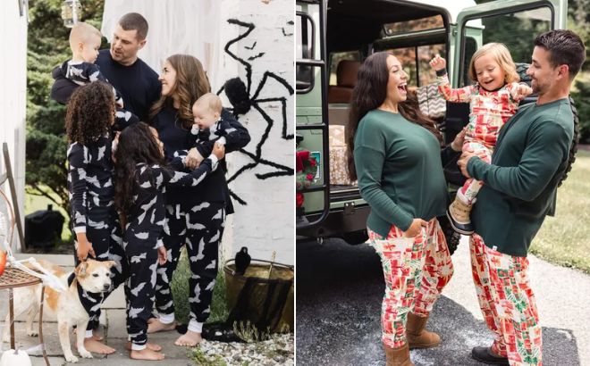 Family is Wearing Buts Bees Bats Matching Pajamas on the Left Side and Christmas Matching Family Pajamas on the Right Side