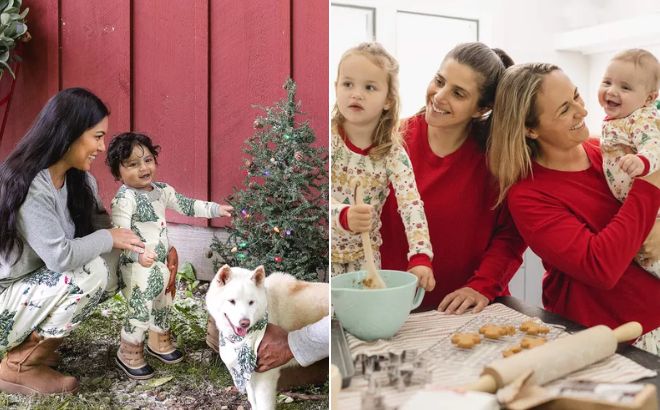 Family is Wearing Buts Christmas Matching Pajamas in Christmas Tree Style on the Left Side and Christmas Matching Family Pajamas in Gingerbread Fair Isle Style on the Right Side