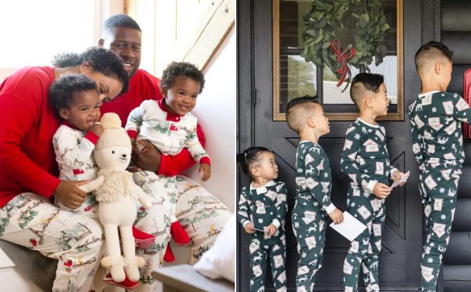 Family is Wearing Buts Christmas Matching Pajamas in Santas Sleigh Style on the Left Side and Christmas Matching Family Pajamas in Letters to Santa Style on the Right Side