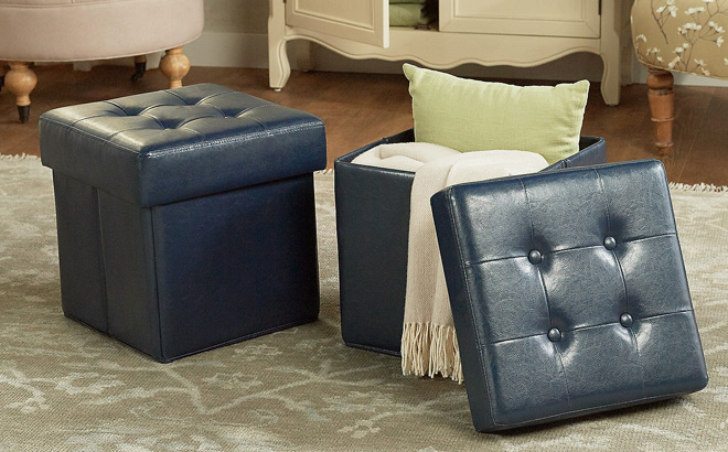 Faux Leather Fold up Storage Ottomans 2 Piece Set