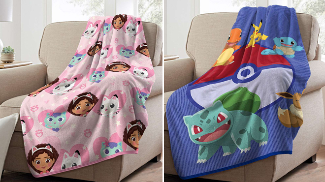 Gabbys Dollhouse and Pokemon Friendly Wave Silk Touch Throw Blanket