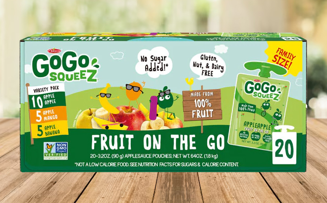 GoGo SqueeZ 20 Count Apple Mango Banana Variety Pack on a Table