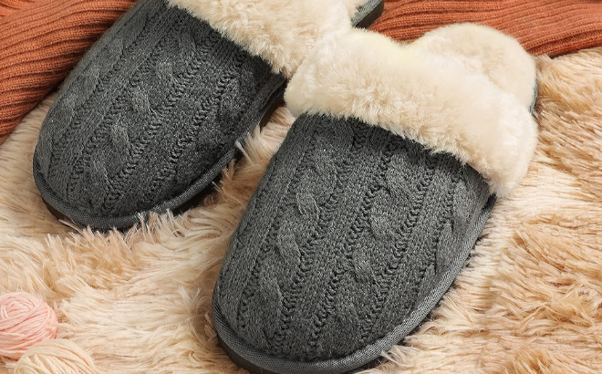 Grey Womens Faux Fur Slippers Mules Comfy Slippers
