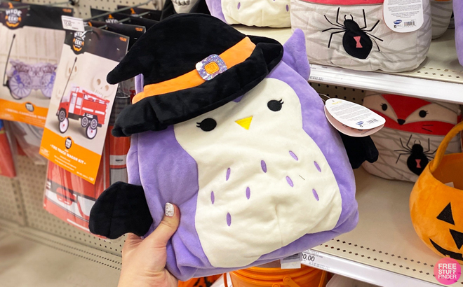 Hand Holding Squishmallows Holly the Owl Halloween Trick or Treat Pail