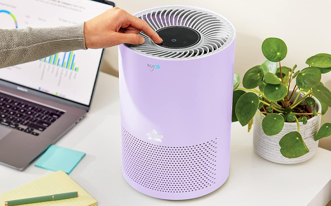 Hand Turning On Bissell MYair Purple Air Purifier with High Efficiency and Carbon Filter