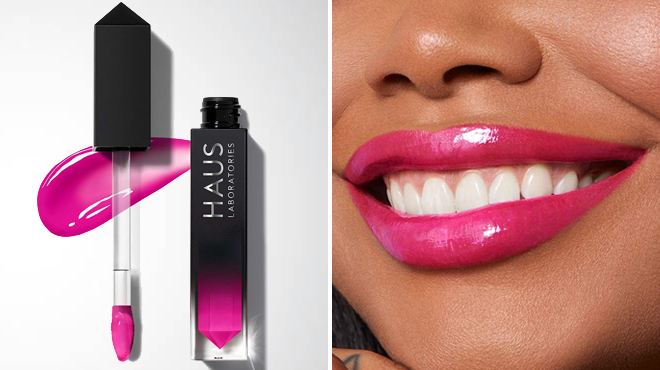 Haus Laboratories by Lady Gaga Lip Gloss in French Martini on the Left and Lips Wearing the Same Item on the Right