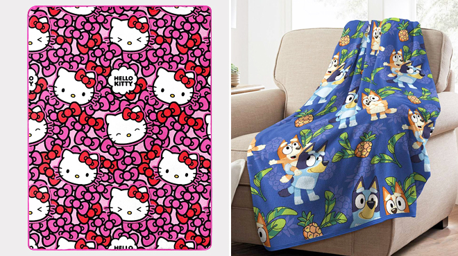 Hello Kitty Silk Touch Throw Blanket and Bluey Pineapple Throw Blanket