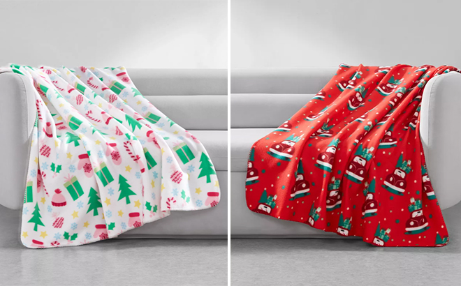 Holiday Printed Fleece Throws in the Colors Heading Home Red and Winter Wonderland Laid on a Couch