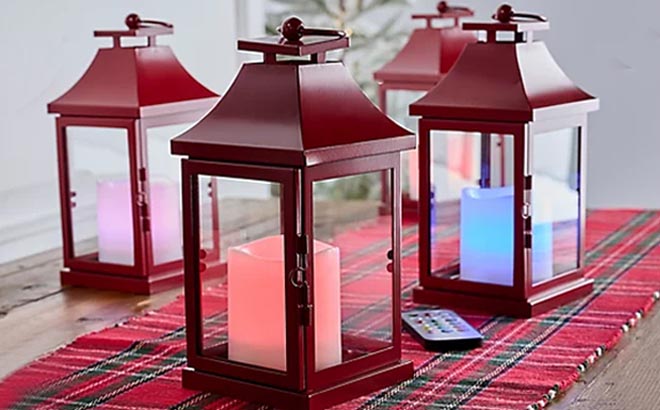 Home Reflections 4 Piece Metal Lanterns with Lit Pillar Red