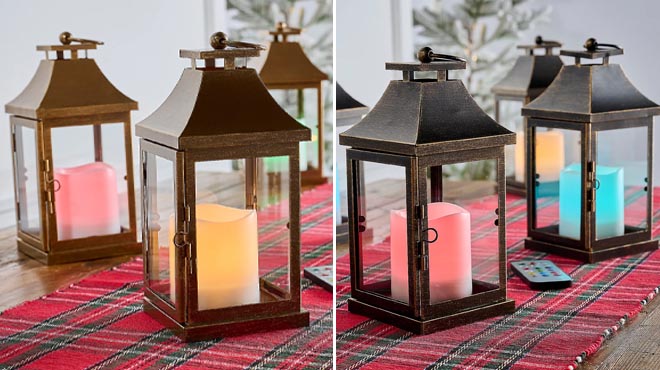 Home Reflections 4 Piece Metal Lanterns with Lit Pillar