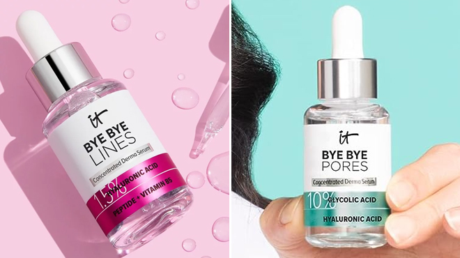 IT Cosmetics Bye Bye Lines 1 5 Hyaluronic Acid Serum and IT Cosmetics Bye Bye Pores 10 Glycolic Acid Serum