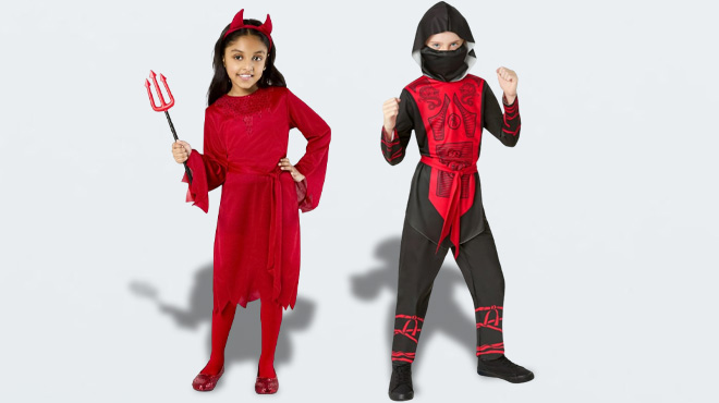 Kids Wearing Girls Ninja and Red Devil Halloween Costume