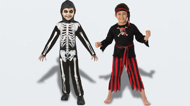 Kids Wearing Skeleton and Pirate Halloween Costume