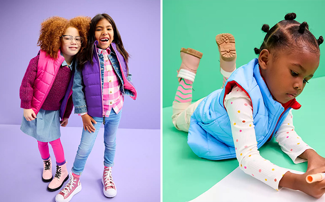 Kids Wearing the Crayola X Kohls Kids Reversible Puffer Vests and Toddler Reversible Puffer Vest