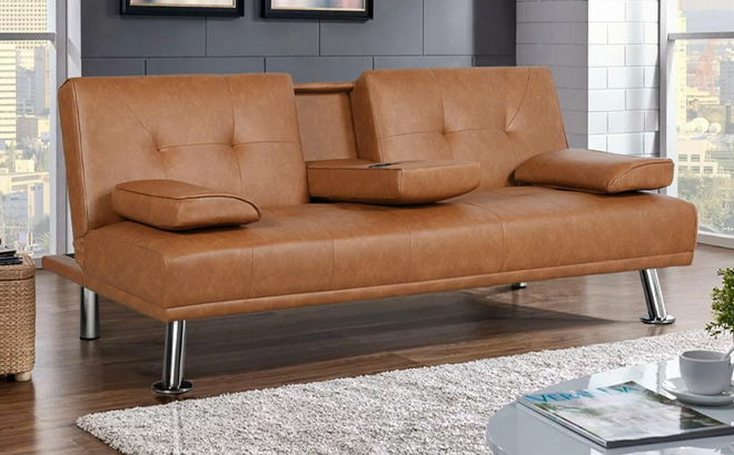 LuxuryGoods Modern Faux Leather Futon with Cupholders and Pillows