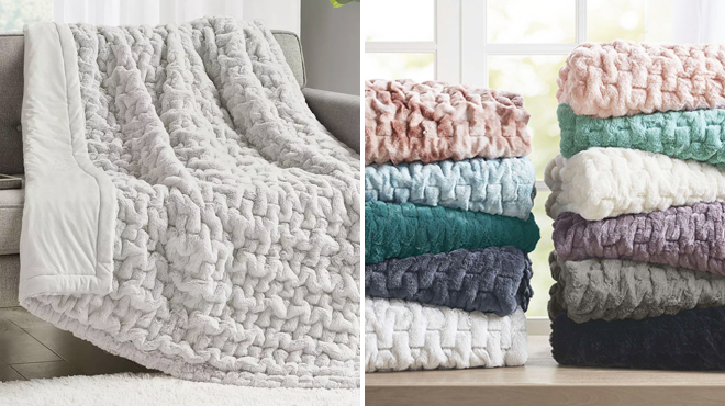 Madison Park Faux Fur Throw Blanket in Gray Color on the Left and Various Colors of the Same Item on the Right