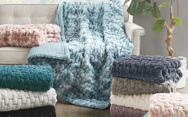 Madison Park Ultra Soft Ruched Faux Fur Throw Blankets on the Sofa and Floor