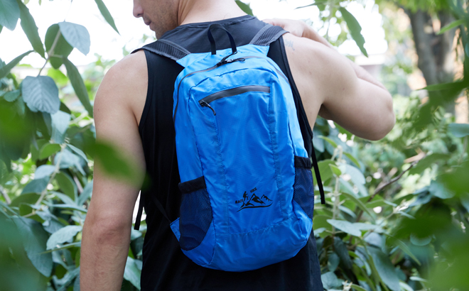 Man Wearing Hikeback Lightweight Packable Backpack in Blue Color