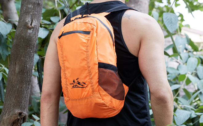 Man Wearing Hikeback Lightweight Packable Backpack in Orange Color