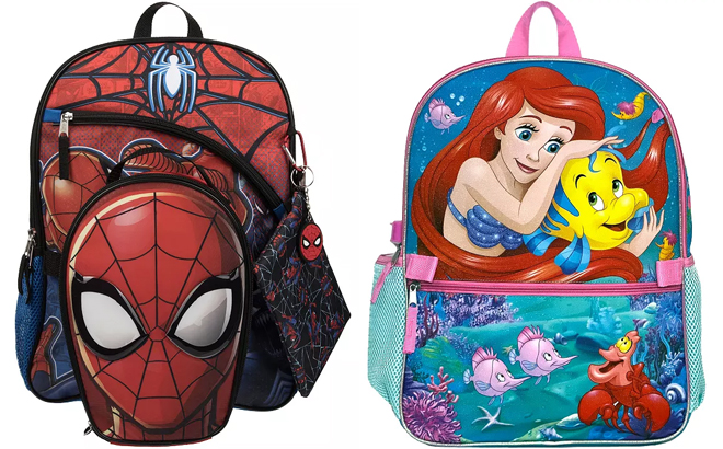 Marvel Spider Man and Disney The Little Mermaid 5 Piece Kids Backpack Sets