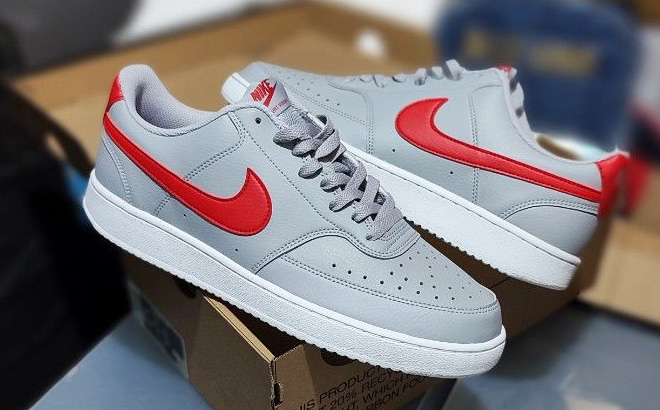 Mens Nike Court Vision Casual Shoes in Wolf Grey White and University Red Color