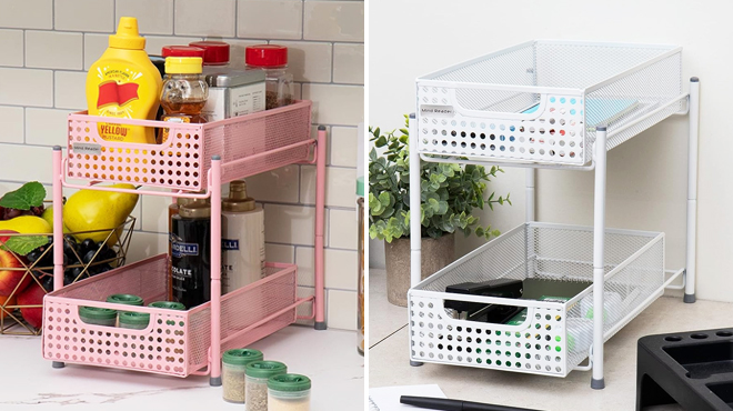 Mind Reader 2 Tier Mesh Storage Basket Organizer in Pink Color on the Left and White on the Right