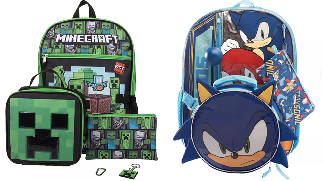 Minecraft and Sonic the Hedgehog 5 Piece Kids Backpack Sets