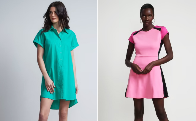 New York Co Button Front Collared Shirtdress and Colorblock Side Stripe Flare Dress