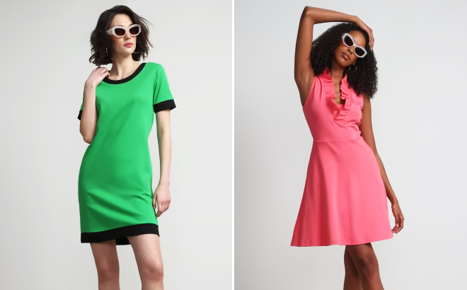 New York Co Colorblock Trim T Shirt Shift Dress and Sleeveless Ruffle Neck Flare Dress