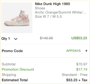 Nike Dunk High Shoes Checkout Summary via Nike App