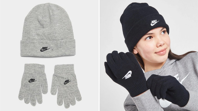 Nike Kids Futura Beanie Hat and Gloves Set on Grey and Black colors