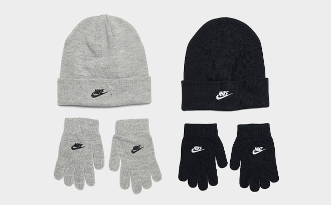 Nike Kids Futura Beanie Hat and Gloves Set on White Background