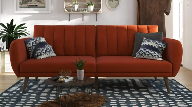 Novogratz Brittany Futon Sofa Bed and Couch Sleeper in Persimmon Linen