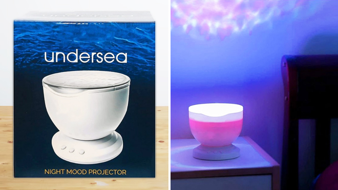 Ocean Wave Night Light Projector Speaker in a Box on the Left and Same Item at Night on the Right