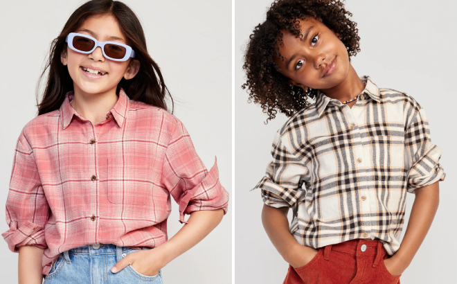 Old Navy Girls Cozy Long Sleeve Button Front Plaid Tunic Shirts